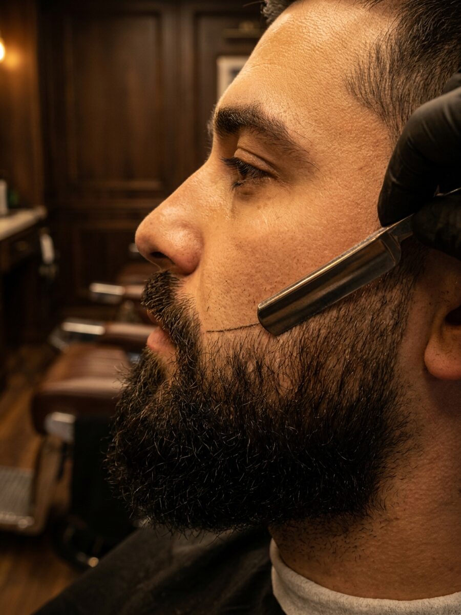 Close-up of a sharp, clean beard edge-up line at The Crown Hair Studio in Orlando, FL