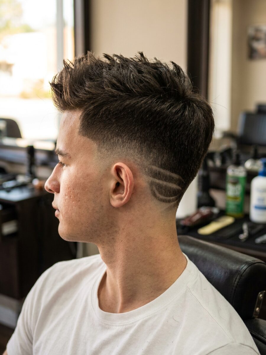 Clean fade with a subtle shaved line hair design at The Crown Hair Studio in Orlando, FL